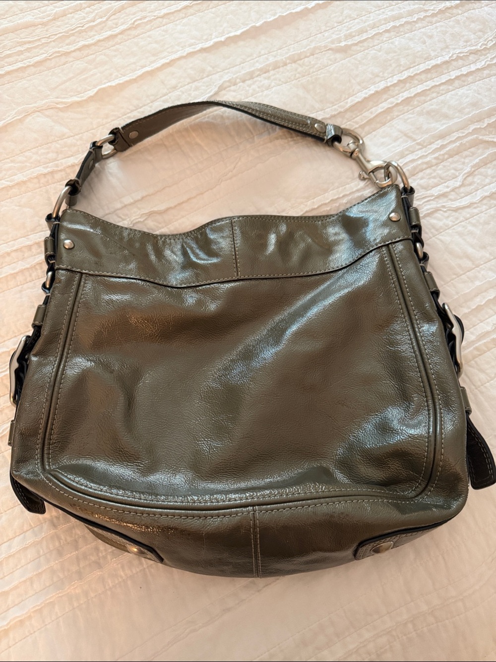 Coach Zoe Olive Green Leather Shoulder Bag with Silver Hardware